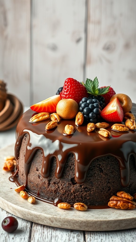 A rustic chocolate ganache cake topped with fruits and nuts