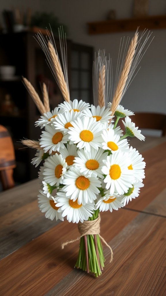 A bouquet of white daisies and wheat tied with twine on a wooden table.