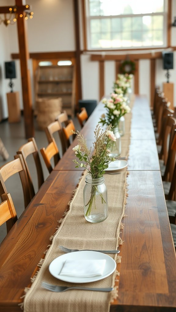 A beautifully styled rustic farmhouse table for a bridal shower, featuring a burlap runner, white plates, and flower centerpieces.