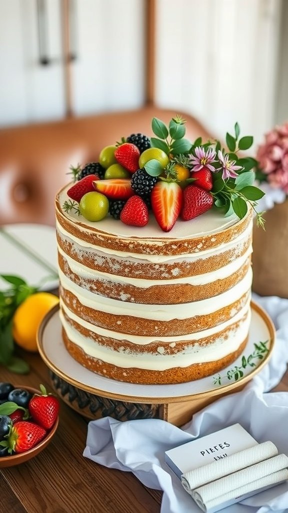 A rustic naked cake decorated with fresh strawberries, blackberries, green grapes, and flowers, set on a wooden table.
