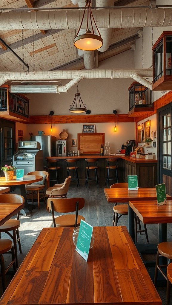 Rustic wedding reception with wooden tables and warm lighting.
