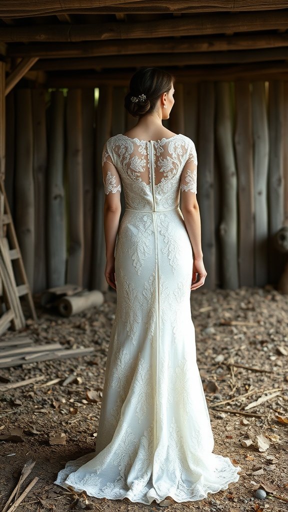 A bride in a beautiful lace wedding dress, showcasing intricate detailing and a fitted silhouette, suitable for a rustic wedding.