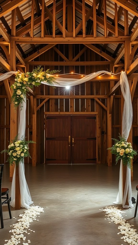 Wooden wedding arch decorated with flowers and draped fabric inside a barn.