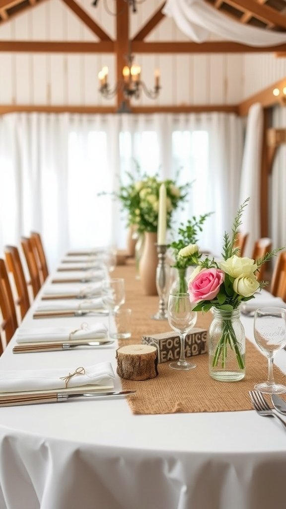 Rustic wedding table setting with burlap runner, flower arrangements, and wooden accents.