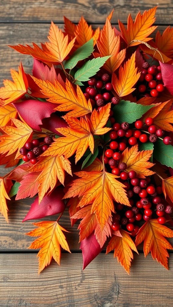 An autumn bouquet featuring vibrant orange and red leaves, along with berries, resting on a wooden surface.