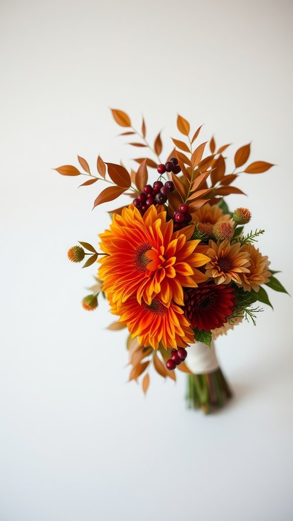 A vibrant autumn bridal bouquet featuring orange sunflowers, red flowers, and foliage.