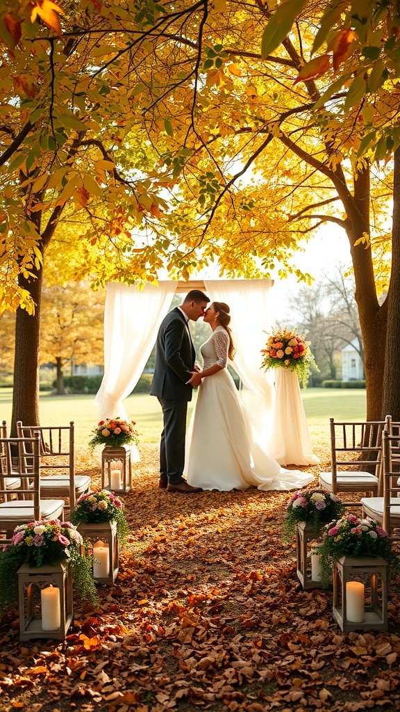 A couple sharing a moment during their outdoor wedding ceremony under colorful autumn trees.