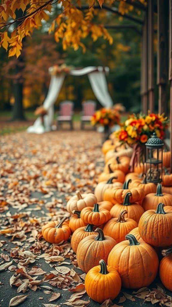 An outdoor wedding setup featuring pumpkins, colorful flowers, and a white draped archway surrounded by autumn leaves.