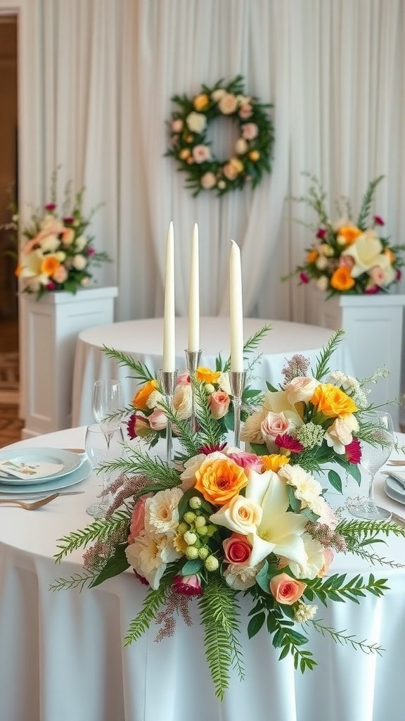 Wedding table decorated with floral arrangements and candles