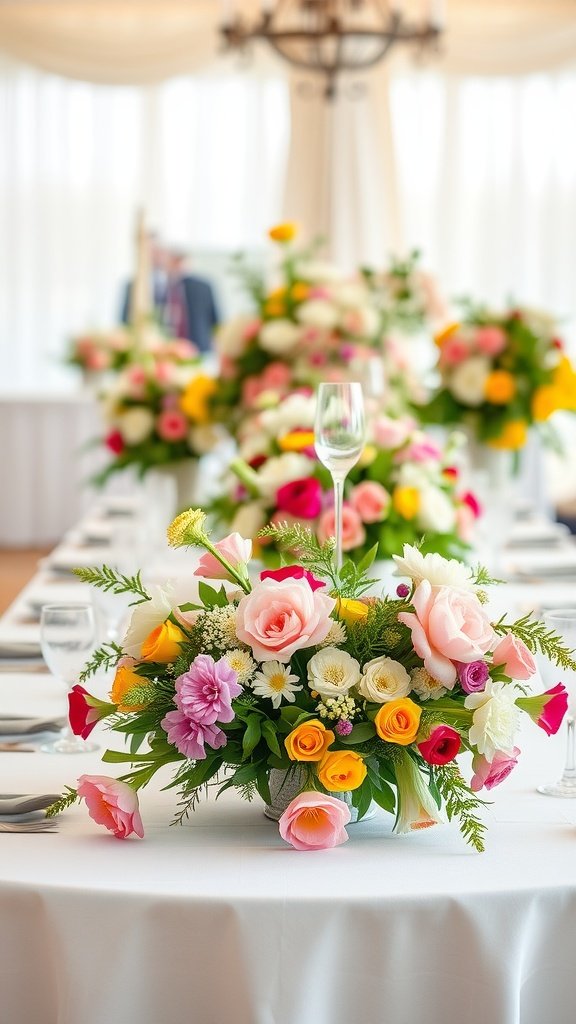 Wedding table with colorful seasonal floral arrangements and elegant tableware