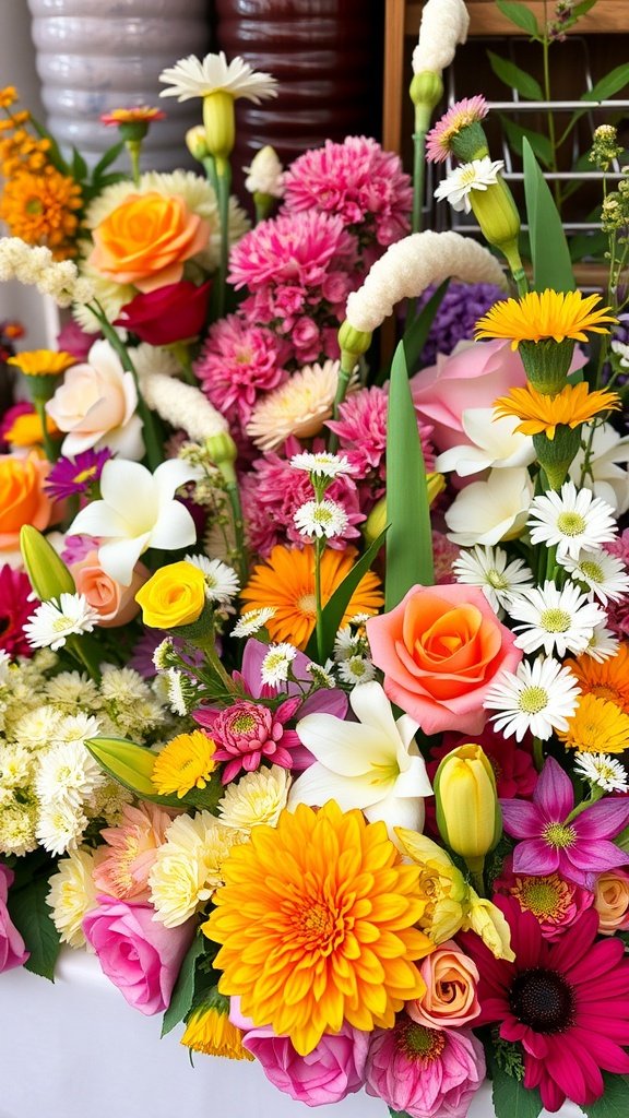 A vibrant arrangement of seasonal wedding flowers featuring roses, daisies, and other colorful blooms.