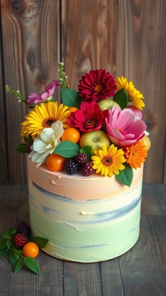 A beautifully decorated cake with seasonal fruits and flowers on top, set against a rustic wooden background.