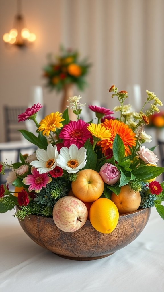 A beautiful centerpiece featuring a mix of vibrant flowers and seasonal fruits arranged in a wooden bowl.