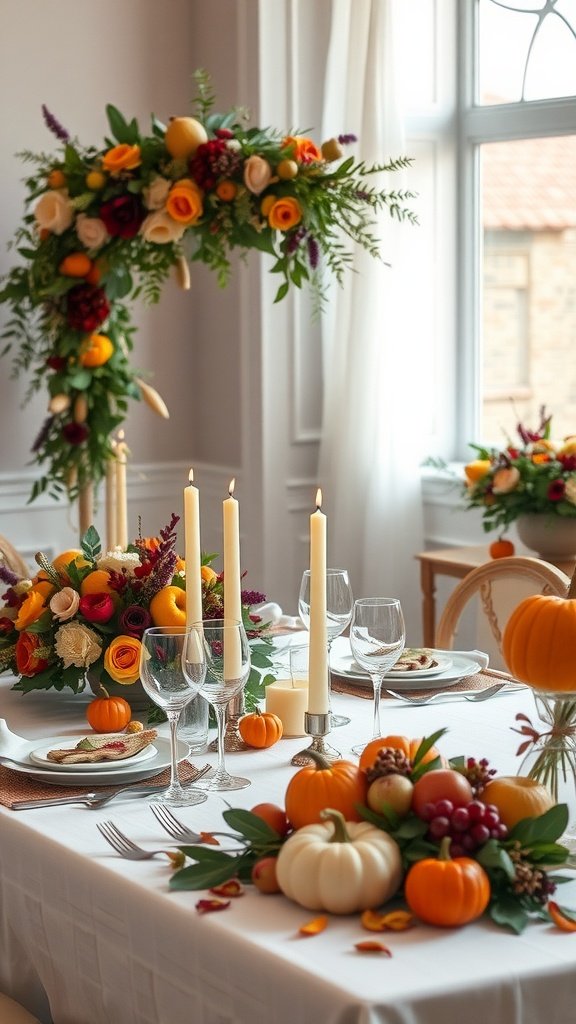 A beautifully arranged wedding table setting featuring seasonal flowers, pumpkins, and candles, creating a warm and inviting atmosphere.