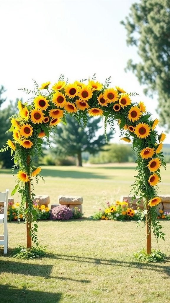 A wedding arch decorated with bright yellow sunflowers and greenery, set in a sunny outdoor venue.