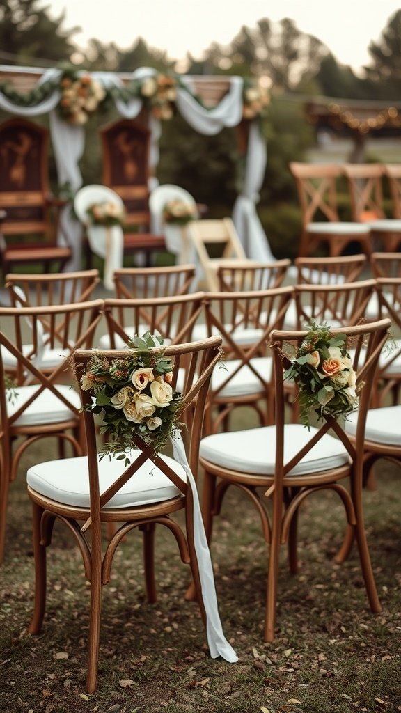 Seating arrangement for an outdoor wedding ceremony with wooden chairs and floral decorations.