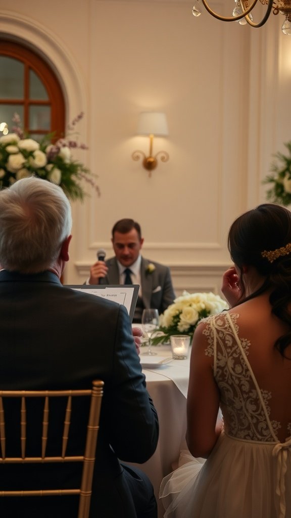 A groom giving a speech during a wedding reception, with the bride and a guest listening attentively.