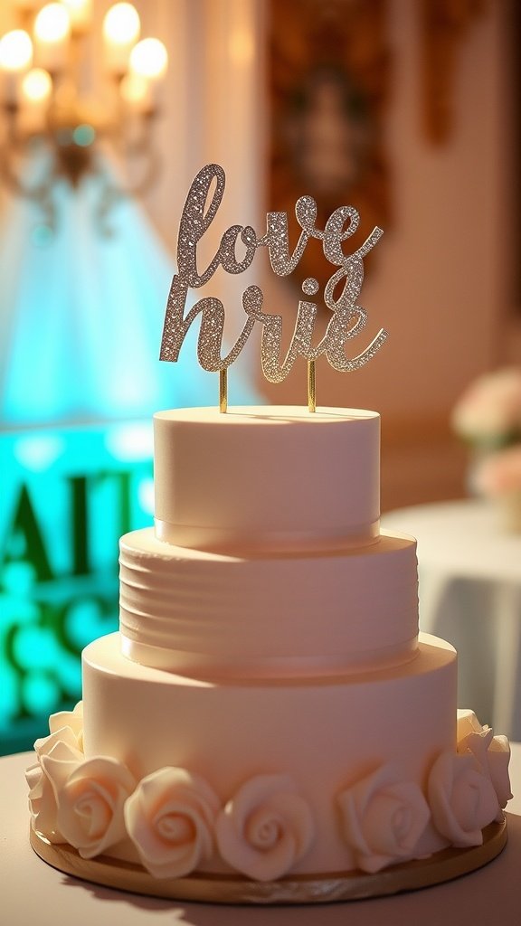 A luxurious three-tiered wedding cake with a sparkling 'love' topper and white rose decorations.