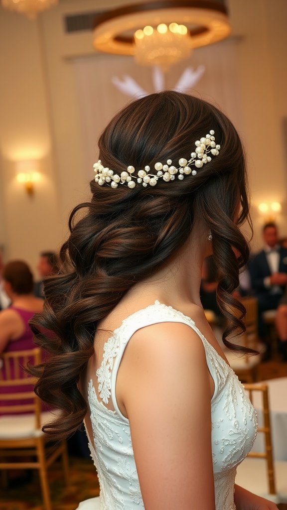 Bride with side-swept curls adorned with pearl hair accessories