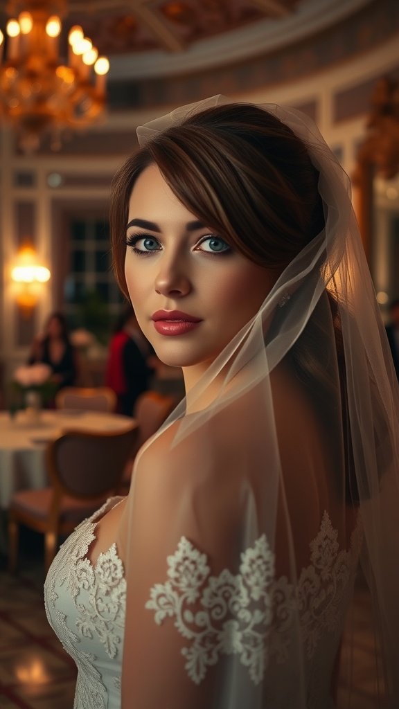 A bride with side-swept hair and a vintage veil, elegantly styled in a charming venue.
