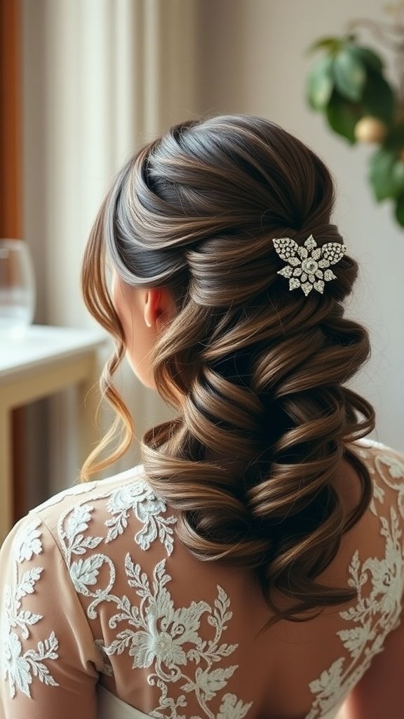 A bridesmaid with a side-swept hairstyle adorned with a beautiful hair accessory, showcasing soft curls and a stylish look.