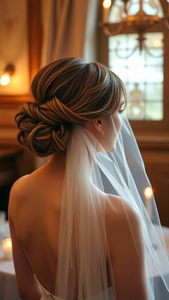 A bride with a side-swept updo and organza veil, showcasing a romantic hairstyle.