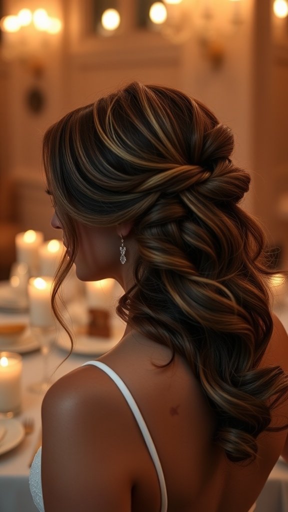 A woman with side swept, wavy hair adorned with earrings, set against a romantic candle-lit background.