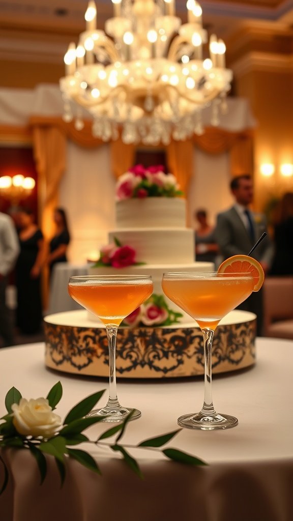 Two signature cocktails in front of a luxurious wedding cake.