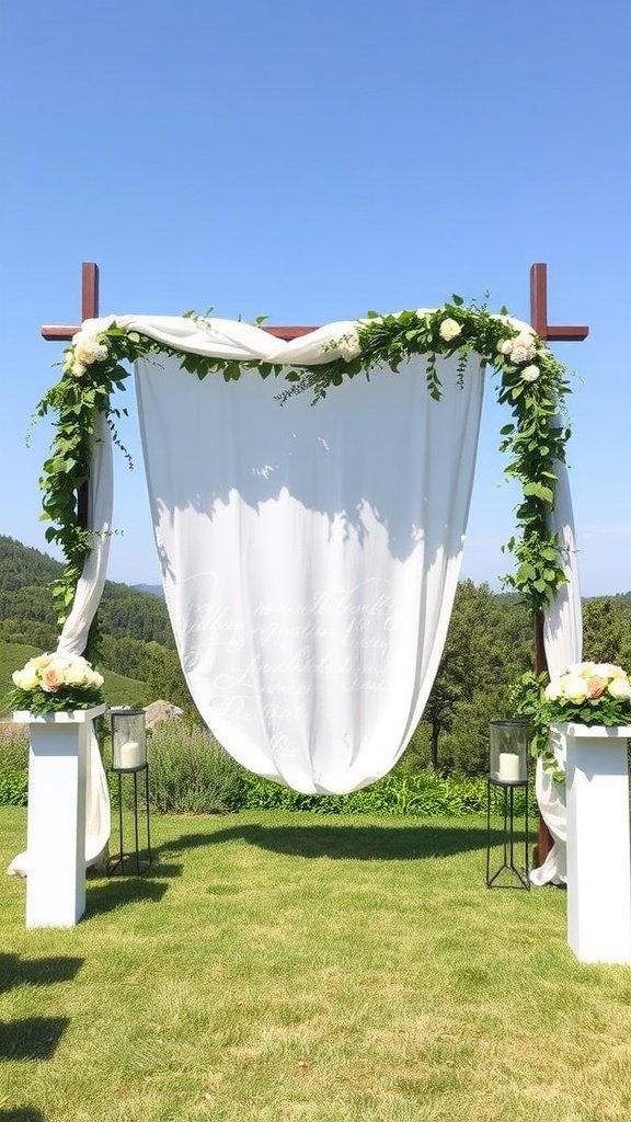 Simple outdoor wedding backdrop with white drapery and flowers