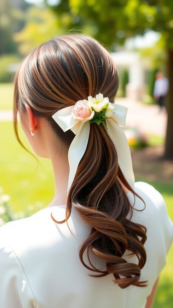 A woman with a simple ponytail adorned with flowers and a ribbon, showcasing a romantic wedding hairstyle.