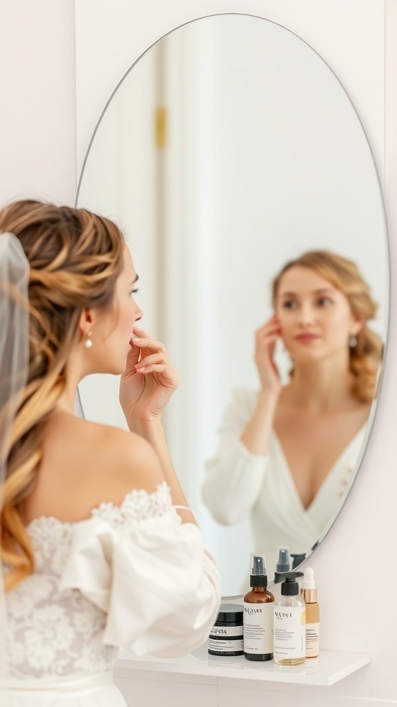 A bride applying skincare in front of a mirror, surrounded by various skincare products.