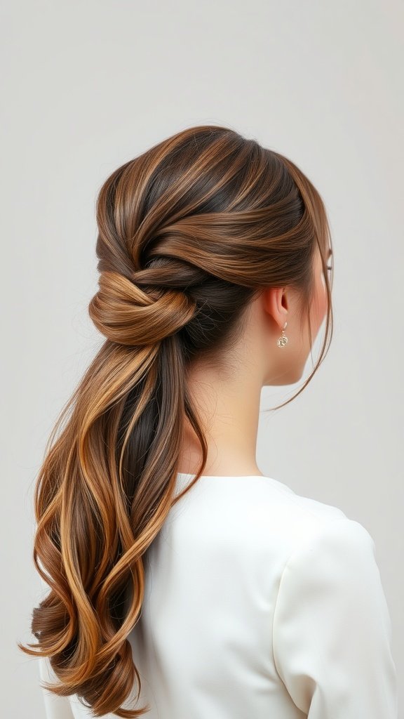 A woman with a sleek half up half down hairstyle, featuring a twisted back and soft waves.