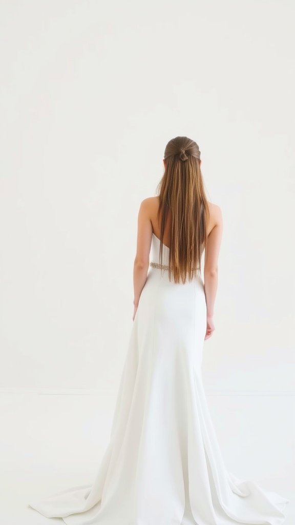 Bride with long, straight hair wearing a white gown, viewed from the back.