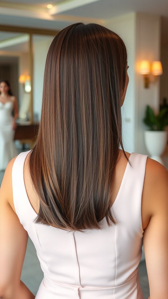 A close-up of a woman's long, sleek, and straight hair as she poses in a soft pink dress