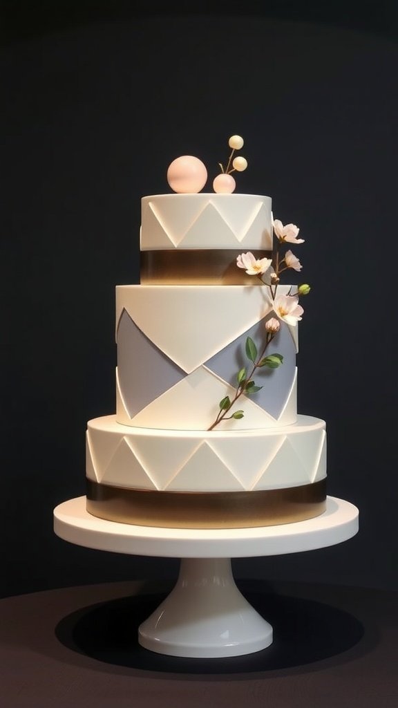 A modern three-tier wedding cake with geometric designs, featuring pastel spheres and floral accents.
