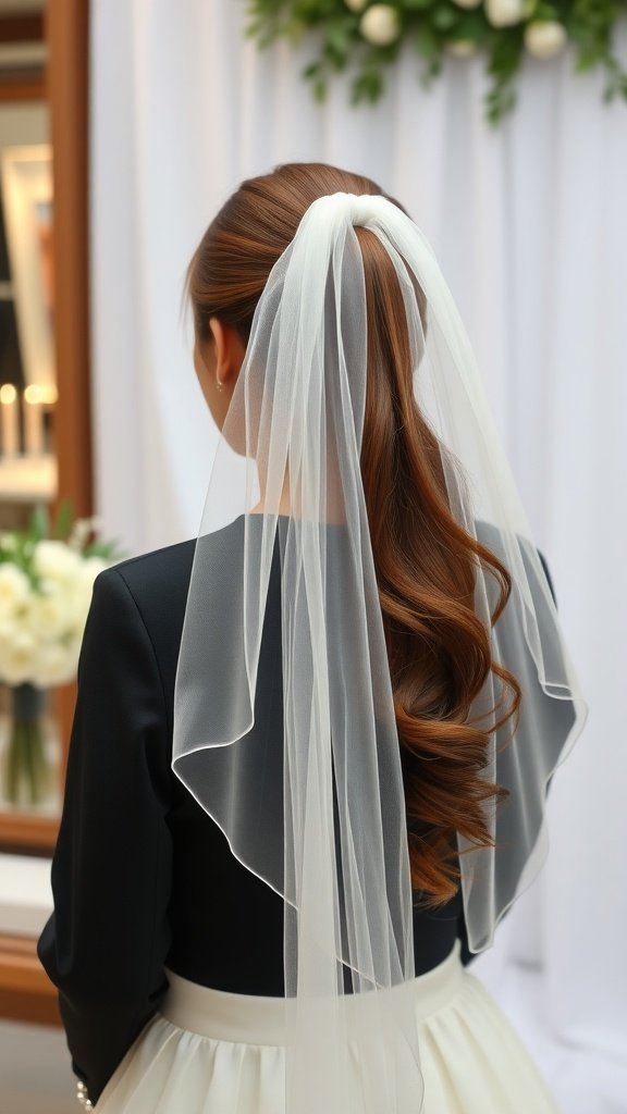 Bride with sleek high ponytail and veil, showing elegant hairstyle from the back.