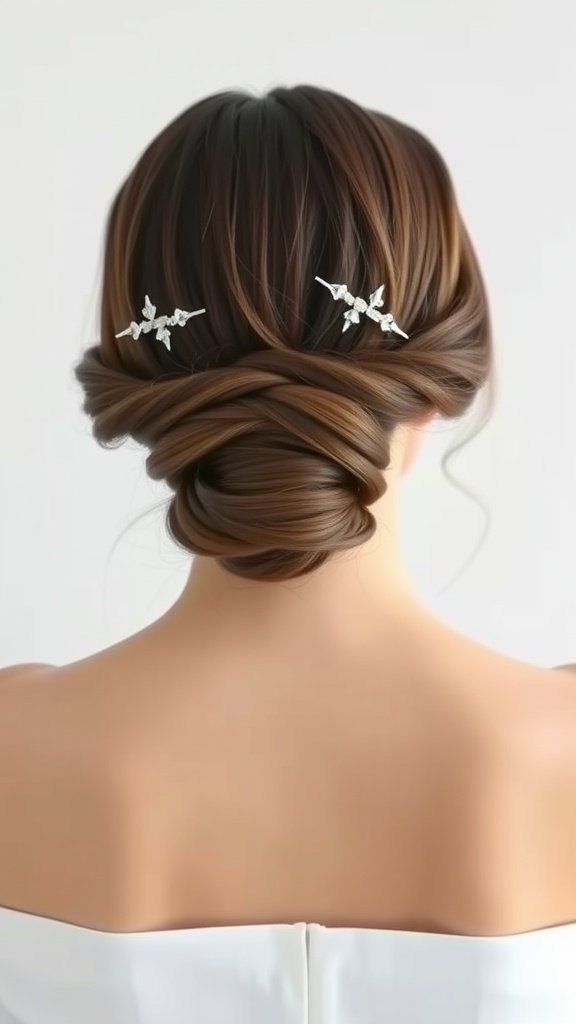 A back view of a woman with a sleek low bun hairstyle adorned with hairpins.