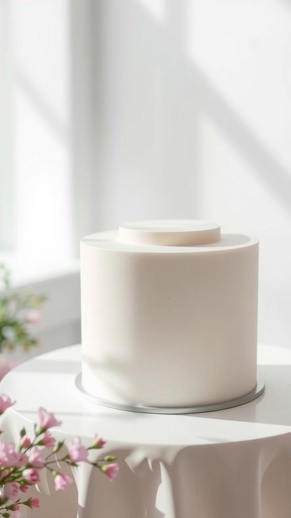 A sleek minimalist wedding cake on a table with soft lighting and flowers