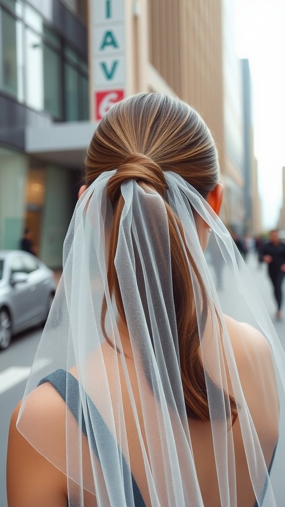 A bride with a sleek ponytail and sheer veil, viewed from the back, walking on a city street.