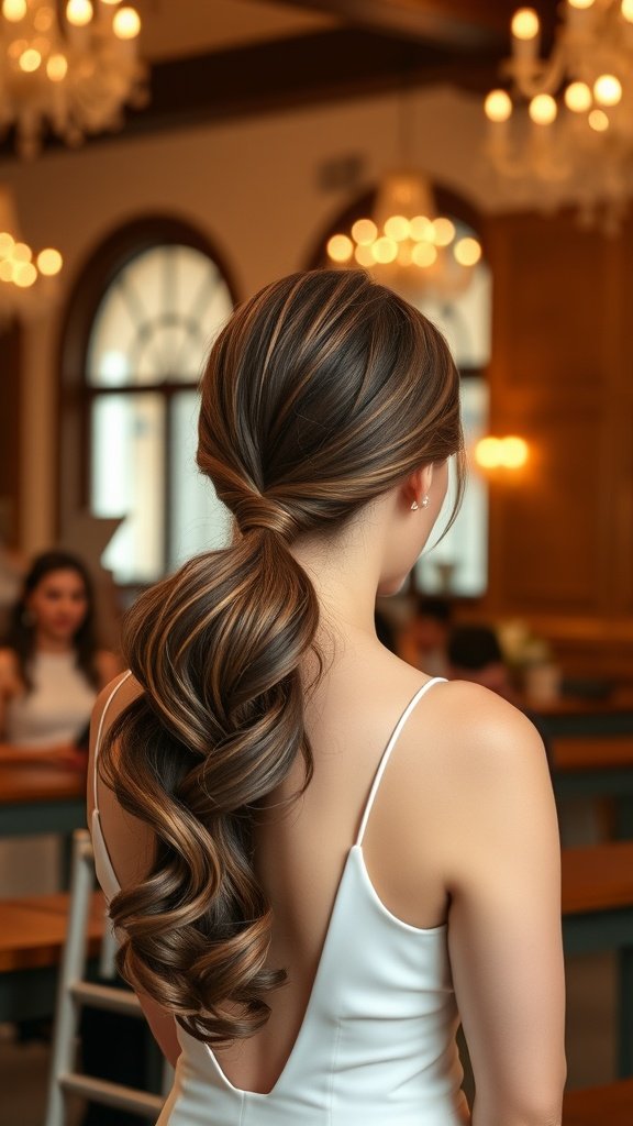 A sleek ponytail hairstyle on a bridesmaid wearing a backless white gown in a softly lit venue.