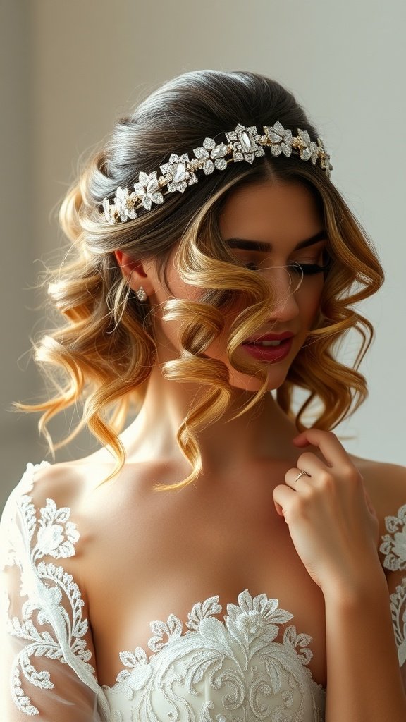 A bride with soft curls and a sparkling hairpiece, wearing an elegant wedding dress.