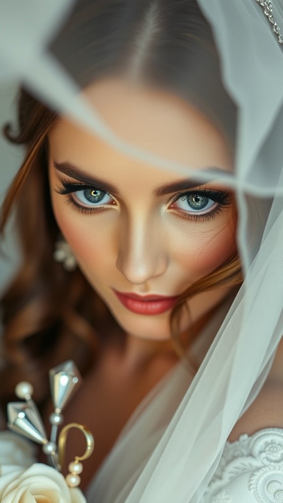 A bride with softly defined eyes and neutral makeup tones, showcasing her natural beauty.