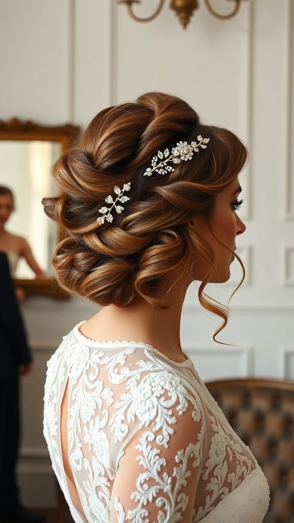 A bride with a sophisticated half-up bouffant hairstyle adorned with sparkling hairpins, wearing a lace dress.