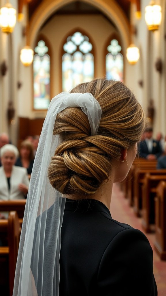 A bride showcasing a sophisticated half-up French twist hairstyle with a veil in a church setting.