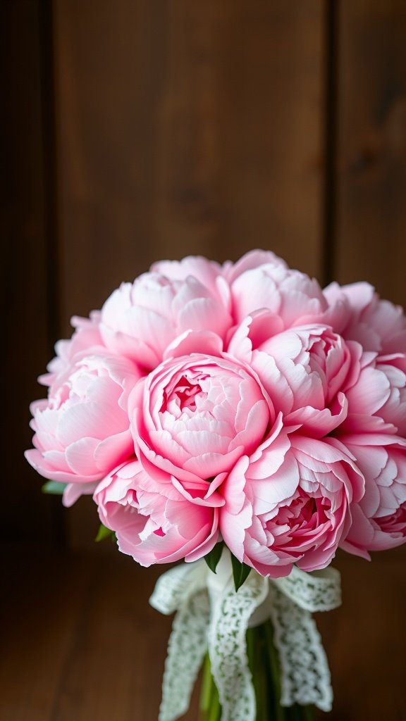 A bouquet of pink peonies tied with a lace ribbon on a wooden background.