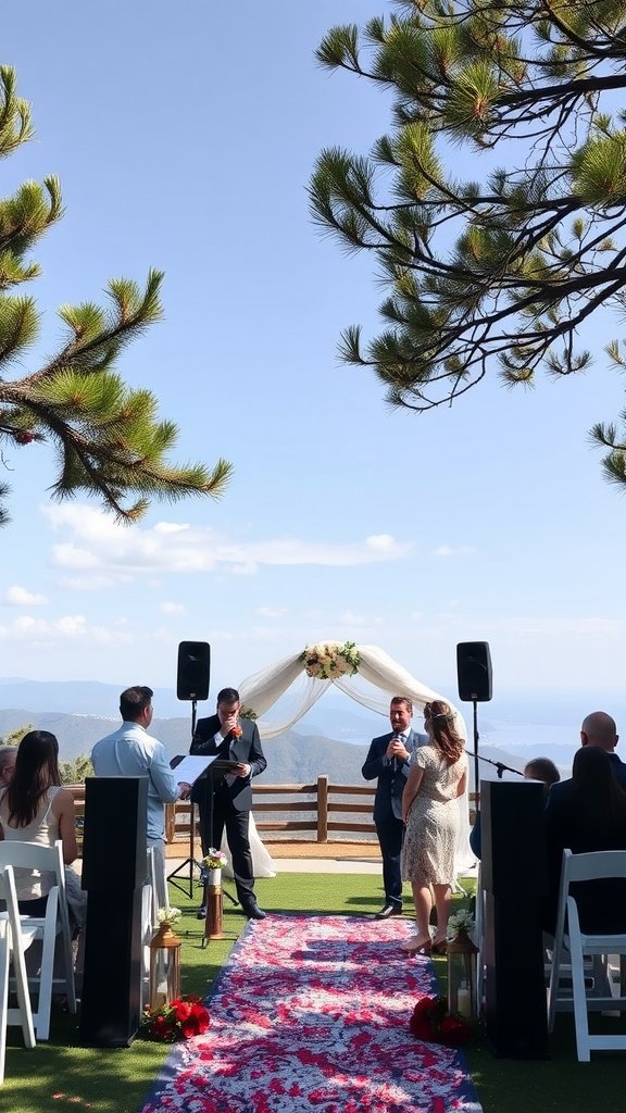 Outdoor wedding ceremony setup with speakers, floral arch, and guests