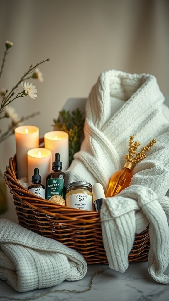 A cozy basket filled with spa essentials, including candles, bathrobe, and skincare products.