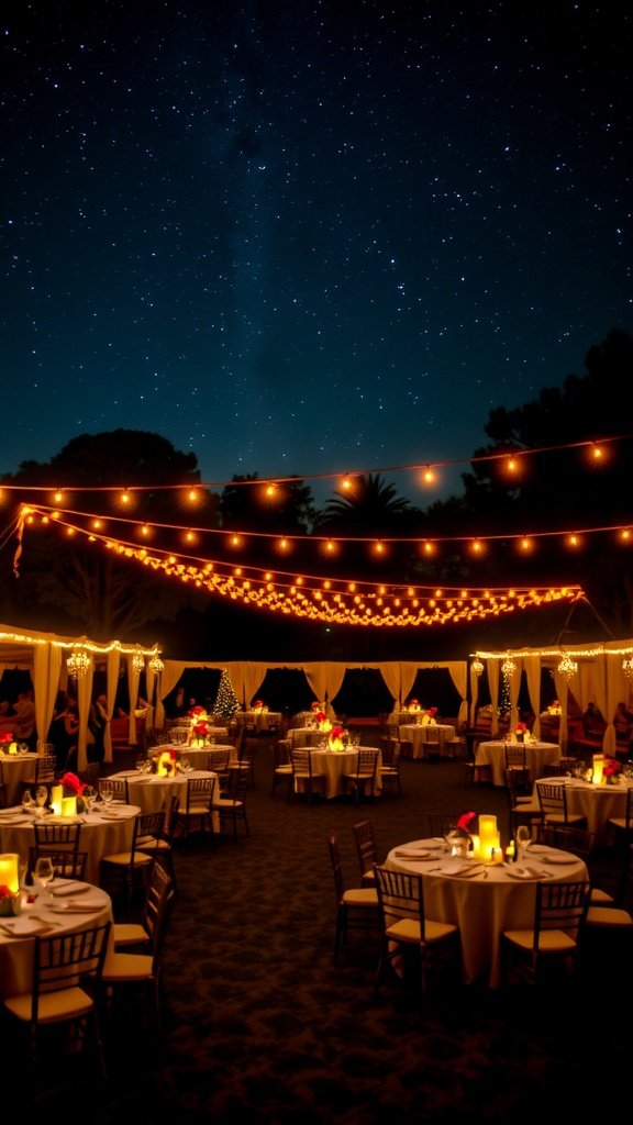 Outdoor wedding setup at night with tables, lights, and a starry sky.