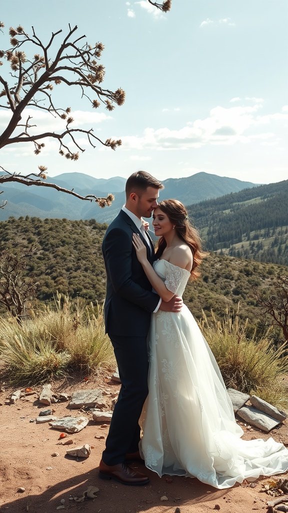 Couple embracing in wedding attire with mountains in the background