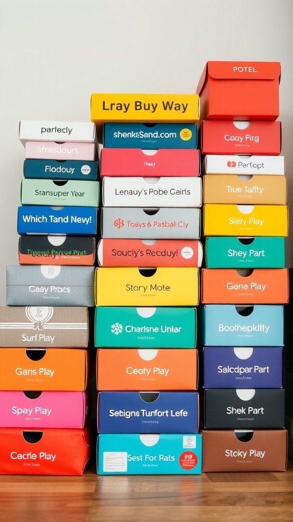 A colorful stack of subscription boxes, each with unique designs and names, representing various monthly gift options.